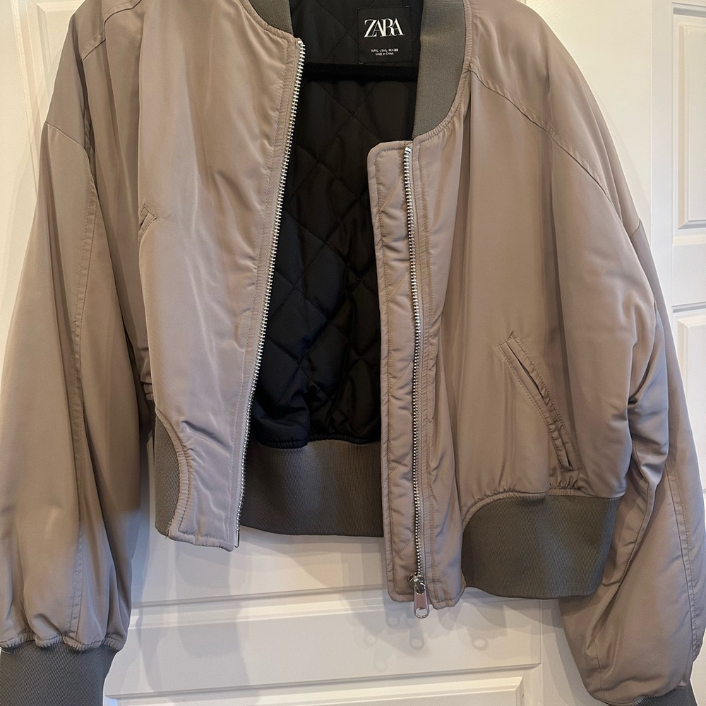 ZARA Taupe/Gray Cropped Bomber Jacket